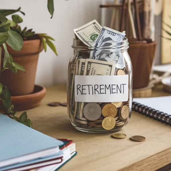 Glass jar labeled retirement filled with dollar bills, symbolizing retirement savings and financial planning.